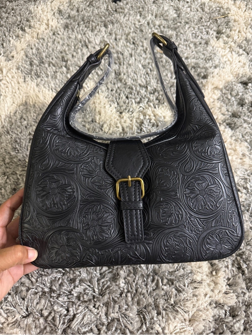 Black Floral Embossed Leather Shoulder Bag - Classic Style